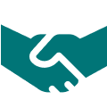 A green colored icon of two hands engaged in a handshake.