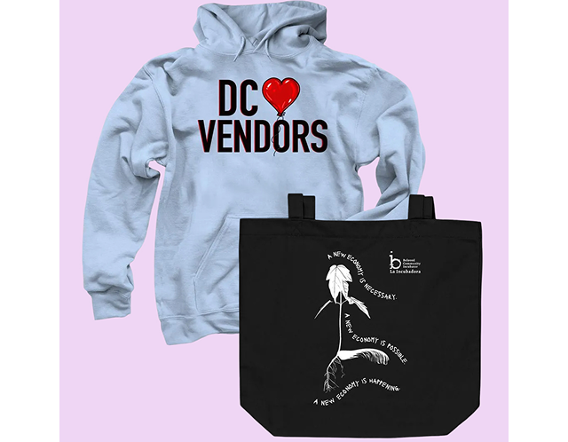 A photo of some BCI merch, including a hoodie that says "DC Loves Vendors" and a tote bag with a graphic of a plant. A photo of some BCI merch, including a hoodie that says "DC Loves Vendors" and a tote bag with a graphic of a plant.
