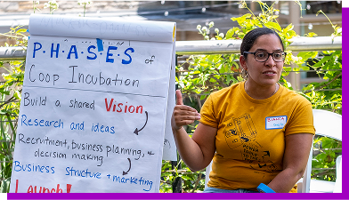 A person sits next to a chart, and appears to be mid sentence. The chart reads some information about co-op incubation. A person sits next to a chart, and appears to be mid sentence. The chart reads some information about co-op incubation.