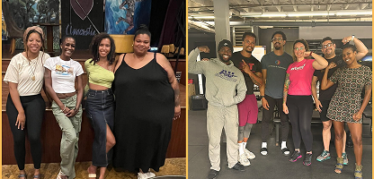 Two pictures are collaged side by side. One shows four Black femme people posing and smiling at the camera. The other shows a group of people, some flexing their biceps, also standing and smiling at the camera.
